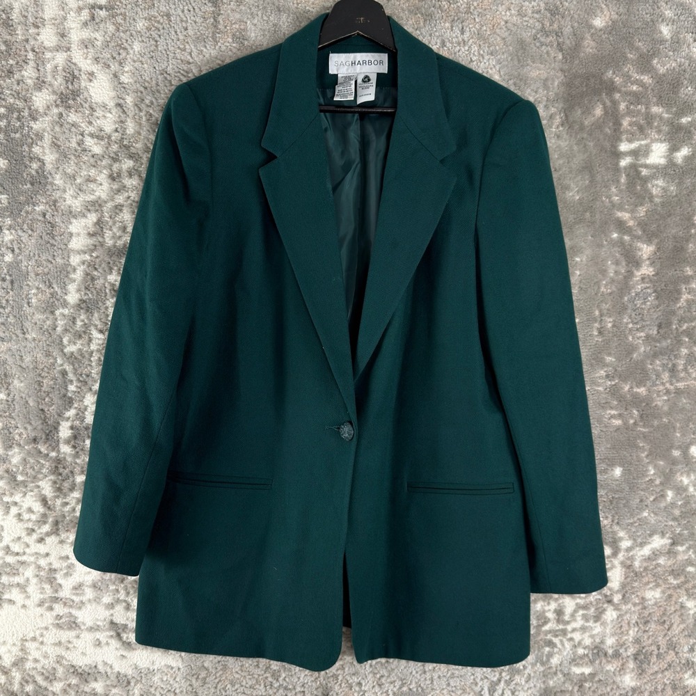 Sag Harbor Size 14 Wool Blend Professional Career Blazer Green Long Sleeve Women